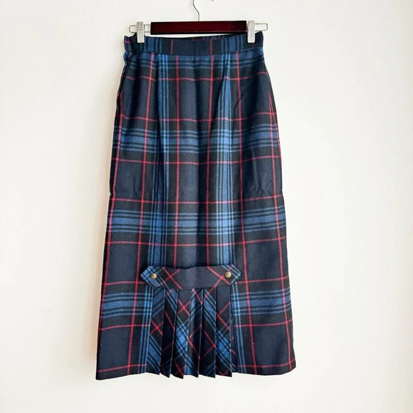 Vintage Wool Blend Plaid Pencil Midi Skirt With Pleated Detail S - Picture 1 of 5